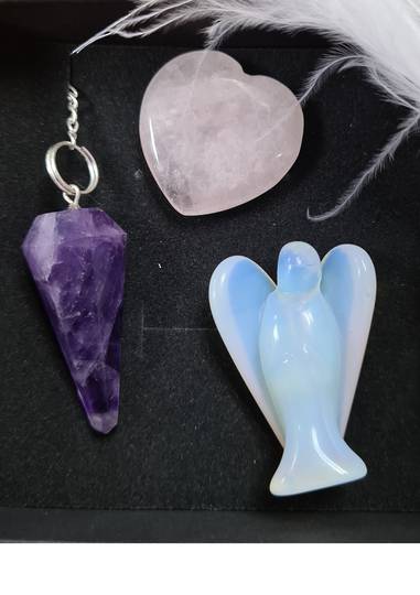 Amethyst Pendulum, Opalite Angel and Rose Quartz Heart Gift Pack